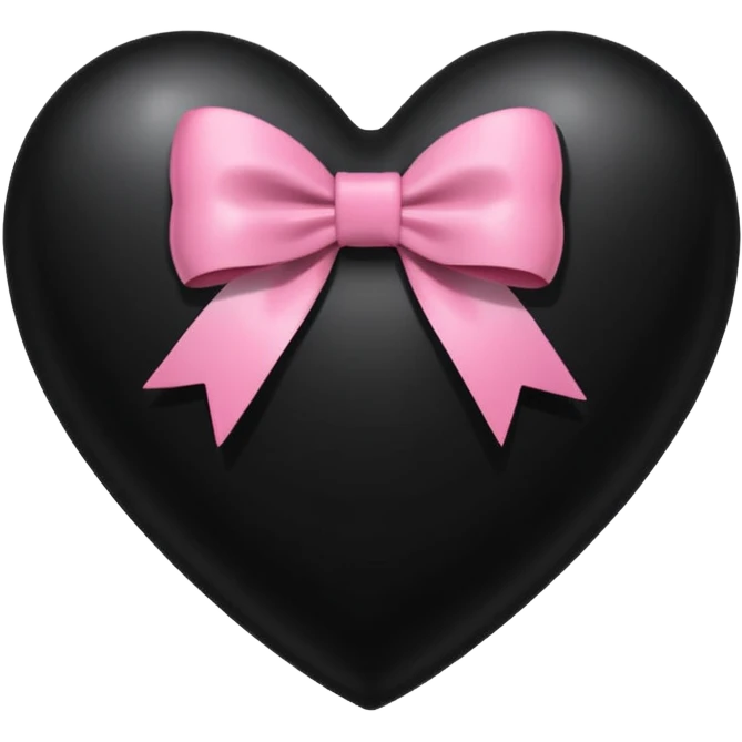 glossy black heart with a pink bow and heart pattern on the bow, in a classic heart shape emoji