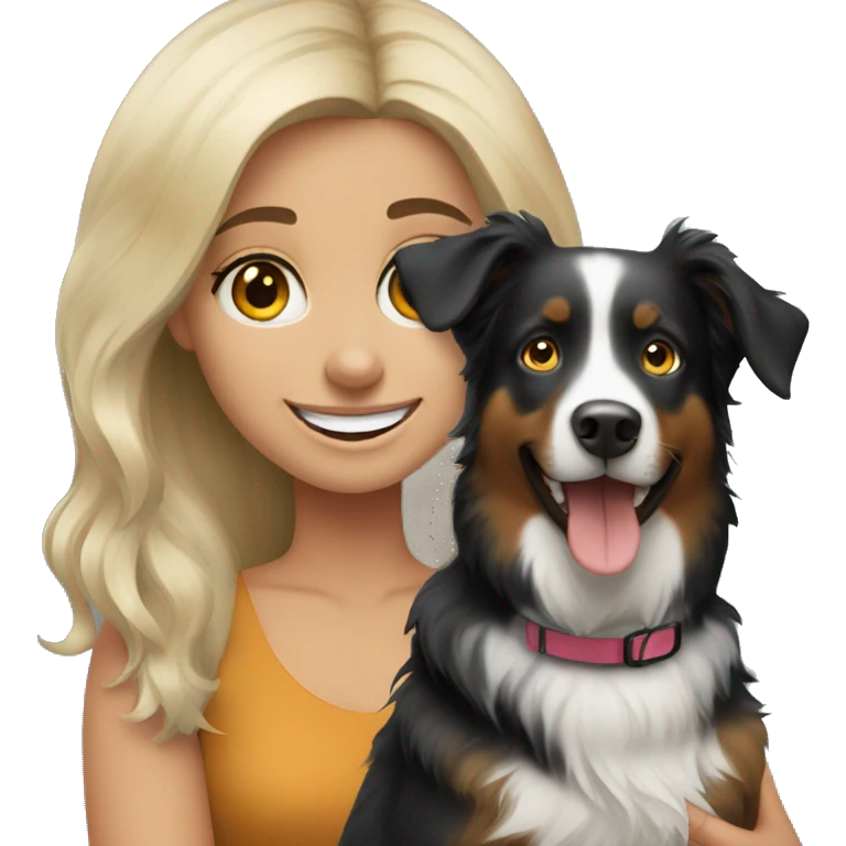 Blonde girl with happy black Australian shepherd emoji