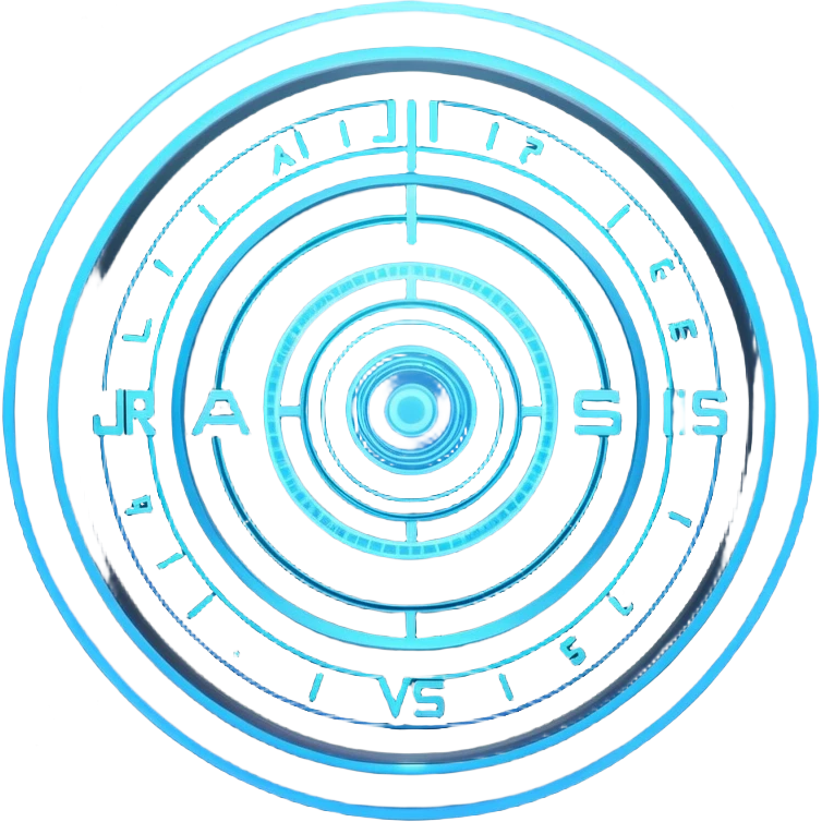A circular blue holographic interface made of concentric rings, glowing tick marks, and data arcs, with the text “J.A.R.V.I.S.” centered, resembling a futuristic digital HUD floating in space. emoji