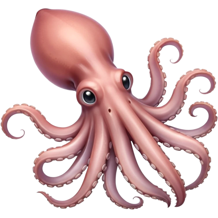 whole squid, pale pinkish-grey, semi-translucent, tapered body, fins, tentacles curled, suction cups, fresh, glossy, anatomically correct, soft lighting, subtle shadows, no plate, no tools, no faces, transparent background, emoji scale emoji