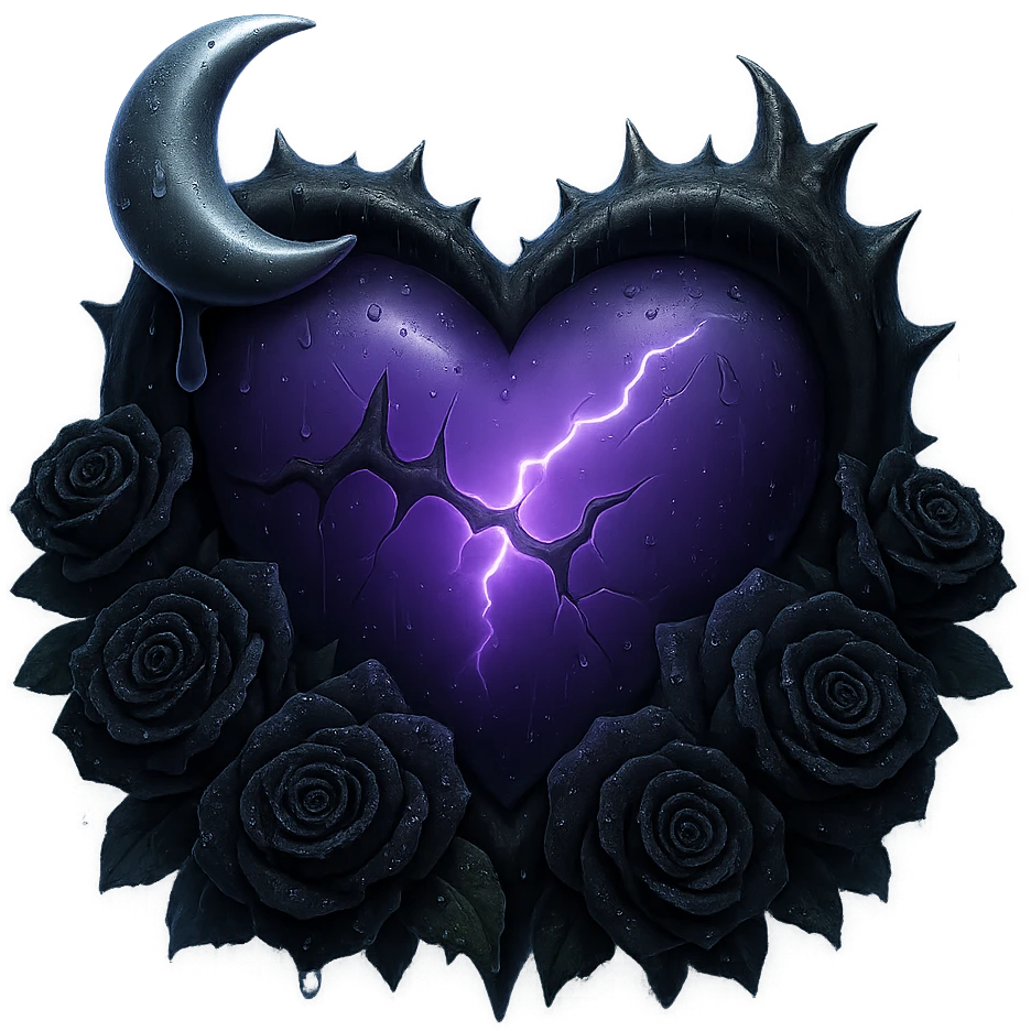 Add a glowing aura around the gothic heart, keeping the prominent black roses, deep purple glass, crescent moon dripping silver, subtle lightning, much more rain and thick mist, cracked glass glowing softly. The style should resemble 3D emoji style. Remove the background. emoji