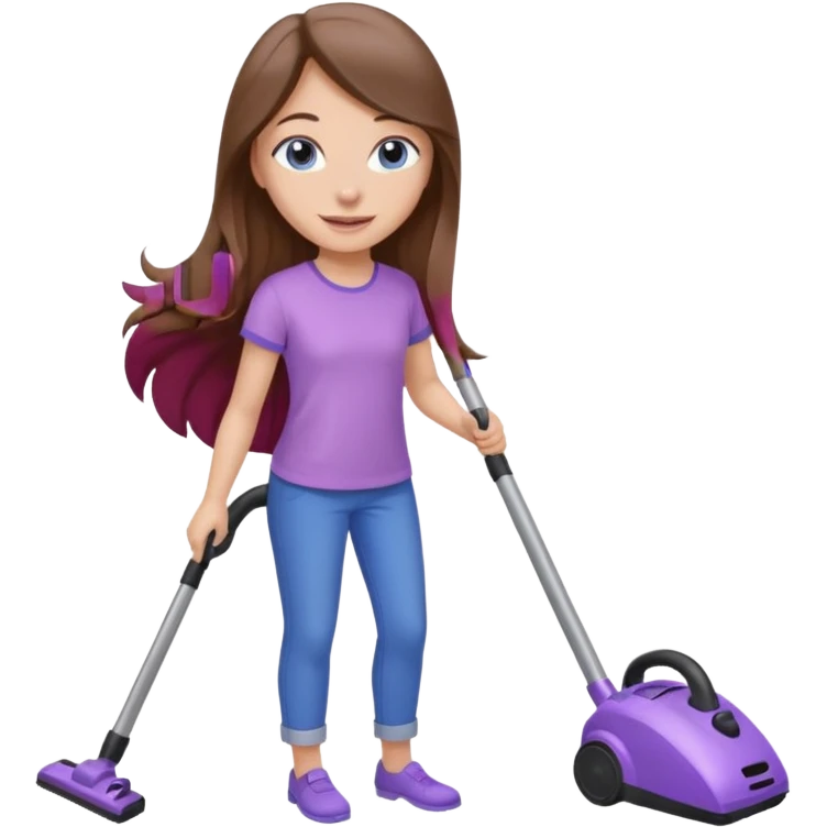 beautiful girl with long brown hair, blue eyes and wearing light purple clothes, cleaning and vacuuming emoji
