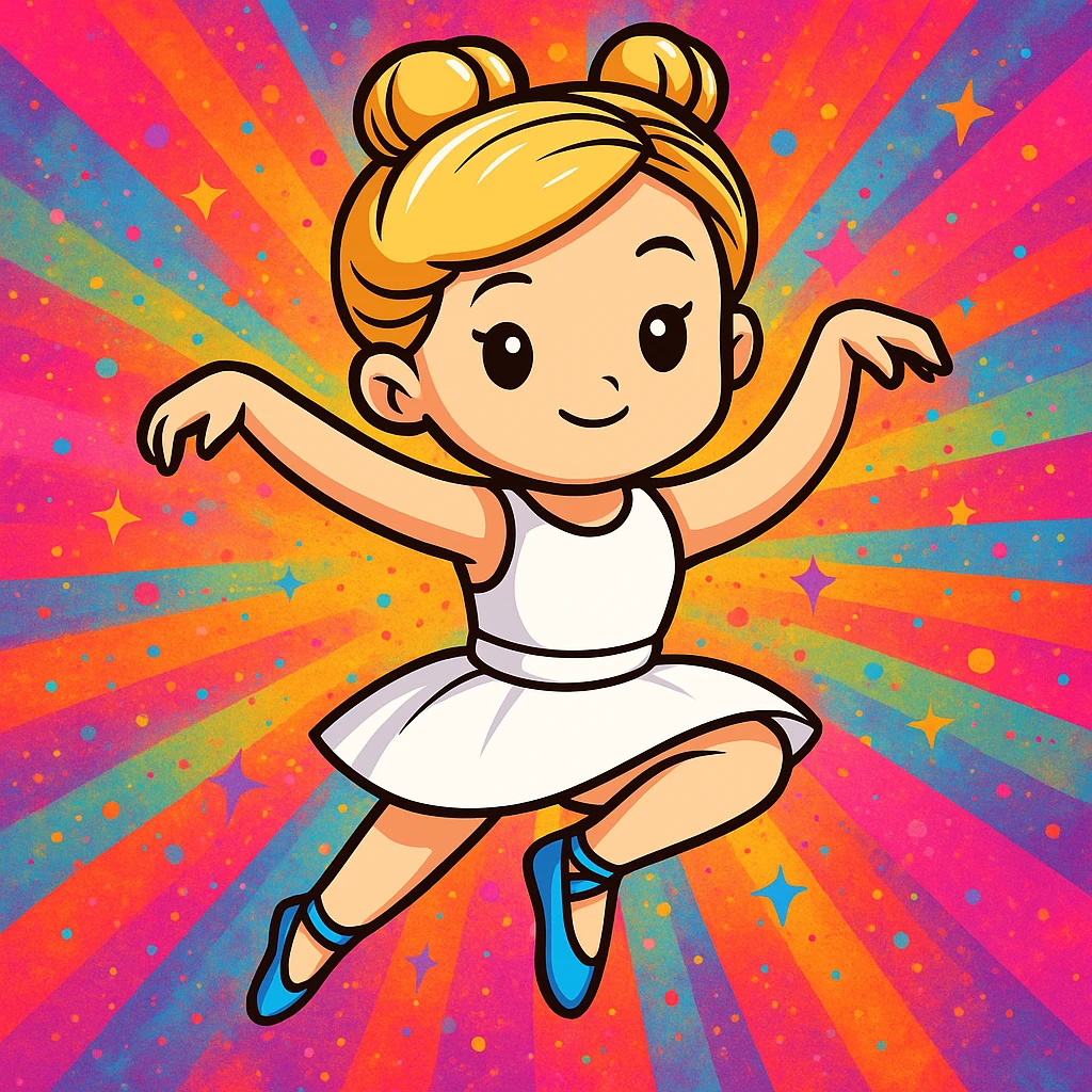 Add a vibrant, colorful background behind Dana Dawson in a dance pose, keep the original cartoon sticker style emoji