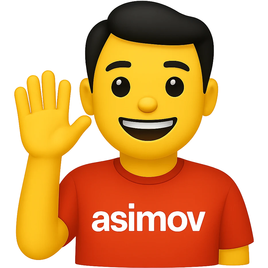 Convert the image of an office worker wearing a red 'asimov' t-shirt saying hello into a simple and expressive apple style emoji with a transparent background. Focus on capturing the essence of the office worker and the red 'asimov' t-shirt in the emoji style. emoji