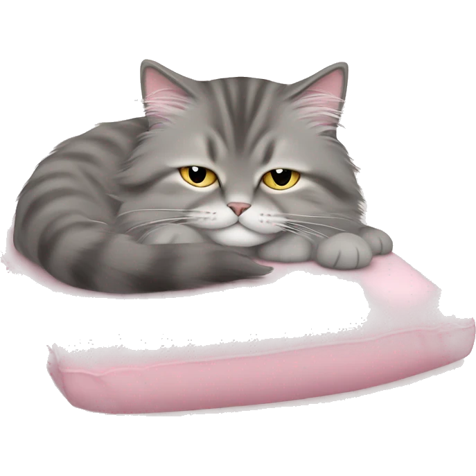 Gray siberian cat sleeping on light pink bed emoji