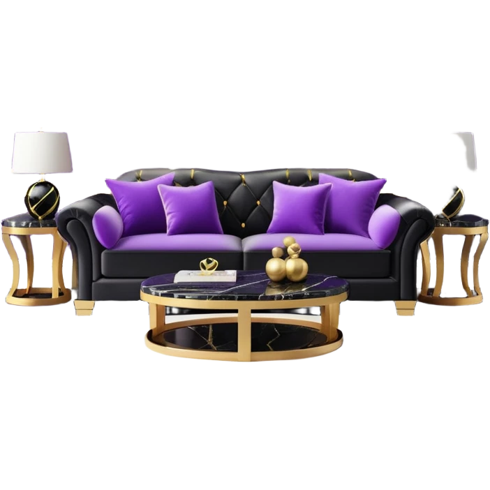 Luxurious black marble living room with gold and white accents and with a violet pillow  emoji