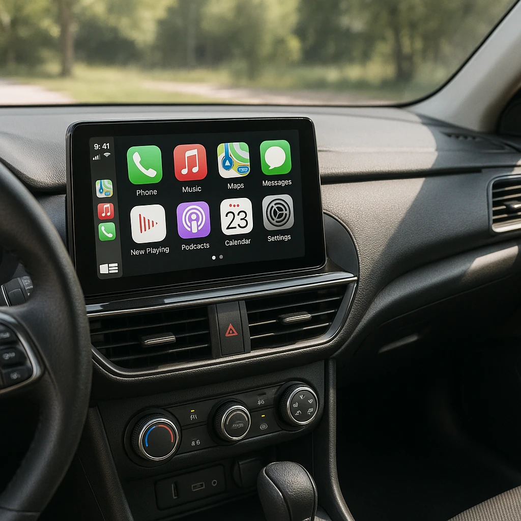 Car interior showing CarPlay on the center console, realistic details emoji
