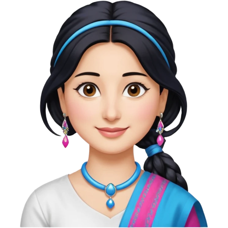generate a pretty bratz emoji that looks like Kareena Kapoor's Geet character. 
Make her wear a white shirt with a colorful blue-pink dupatta wrapped around her neck. smiling big. Black hair tied into a side part ponytail, silver hoops

She should look exactly  like Kareena Kapoor emoji