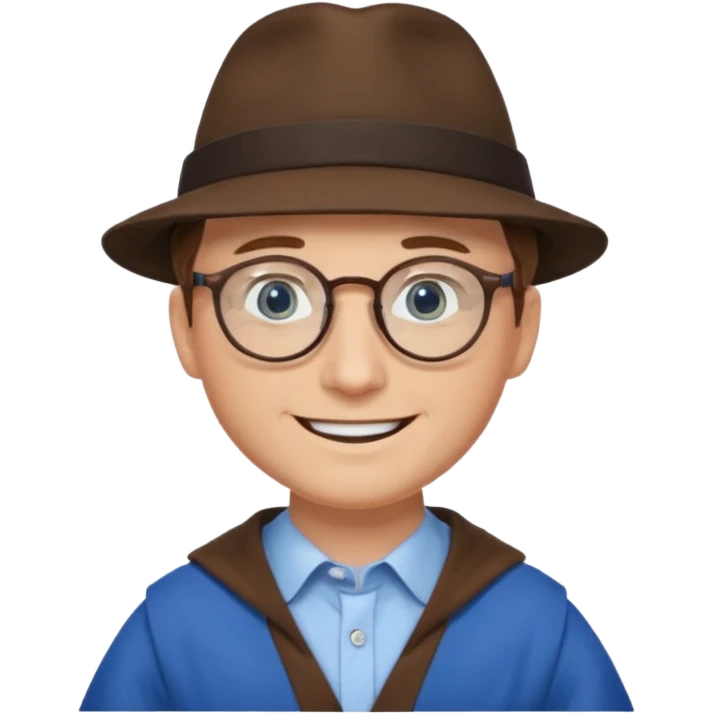 A man with sharp and thin face, brown round glasses, a brown hat and a brown costume (shoulders only), with blue eyes and a large smile on his face. emoji