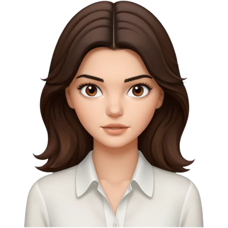 brunette Kendall Jenner con cabello ondulado marrón, ojas cafés oscuros con blusa blanca  emoji