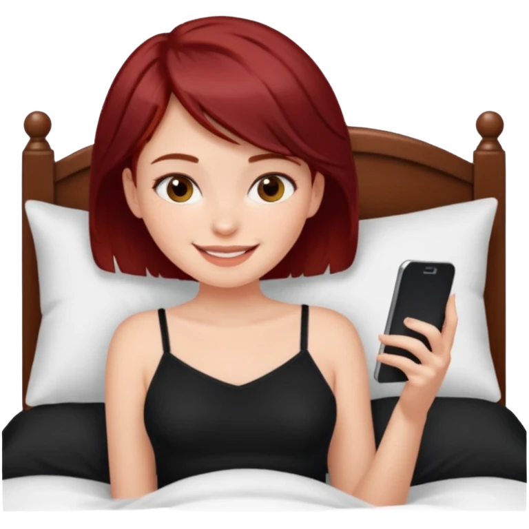 generate a pretty fair bratz girl with short dark red hair using her phone in bed, smiling . Wearing a black cami emoji