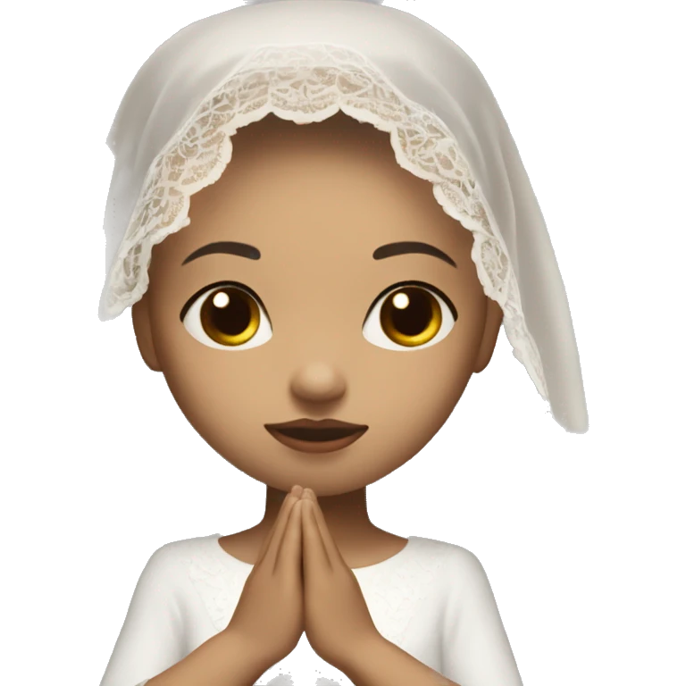 Light skin girl praying with eyes closed and lace white veil with brown boy emoji