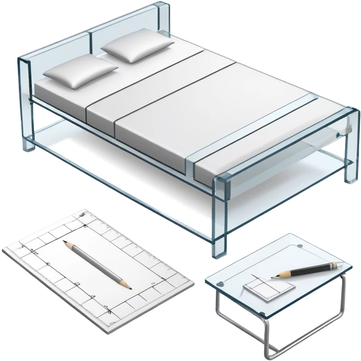 Icon for Furniture Design: a furniture drawing with 3D models of furniture pieces placed on top, accompanied by rulers and a pencil. The icon should represent the design process with focus on precision and modeling. Transparent background. emoji