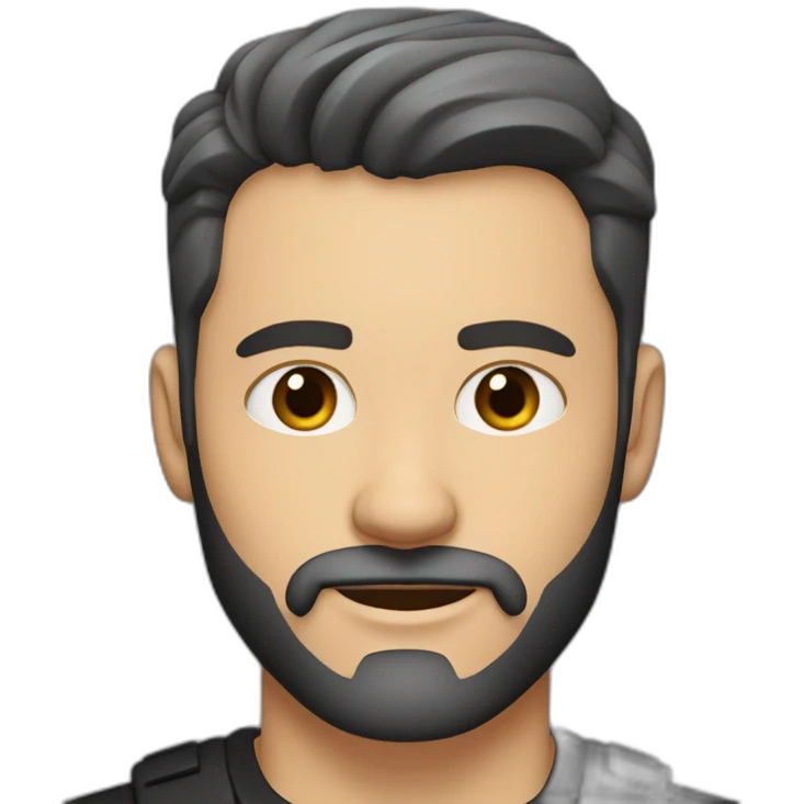 White man with slight tan, dark brown eyes and hair. He has beard stubble and mustache trimmed. Wears black clothing. His hair is an symmetrical undercut with side fade, styled sideways emoji