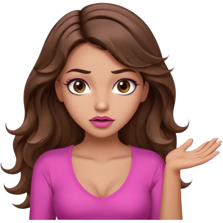 girl with long wavy brown hair, brown eyes, long lashes makeup, sexy pink lips, light to medium complexion, pink sexy top, shrugging with both hands, confused emoji