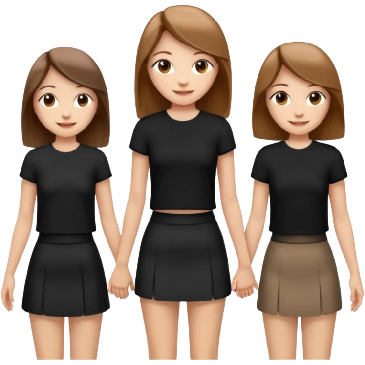 emoji of a girl with long, straight light brown hair, fair skin, soft brown eyes. Wearing a stylish black top and mini skirt. Full-height, standing confidently with shoulders back, head up, smiling proudly. Surrounded by 3men and one woman next to her, holding hands. emoji