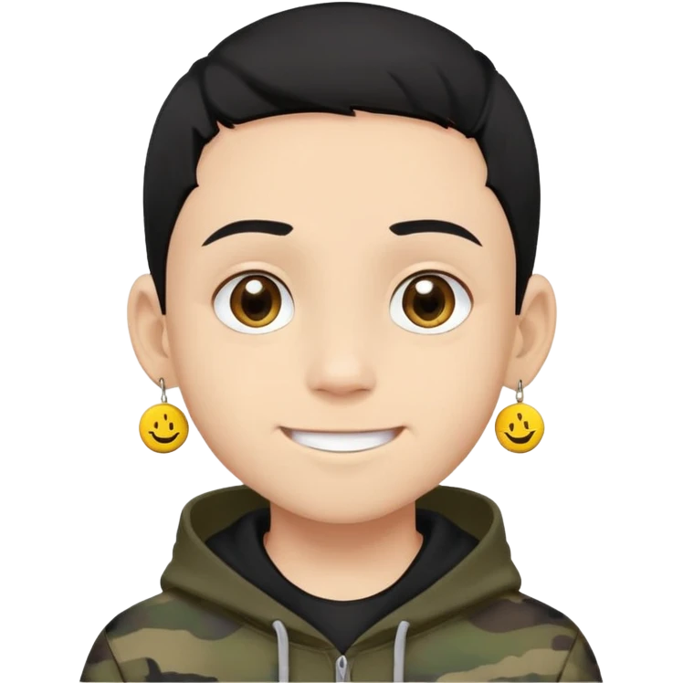boy with military cut black hair, brown eyes, wearing 2 circle earrings and a black hoodie with a smiley face emoji