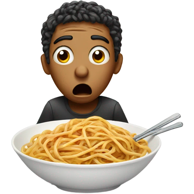 Person eating spaghetti looking shocked emoji