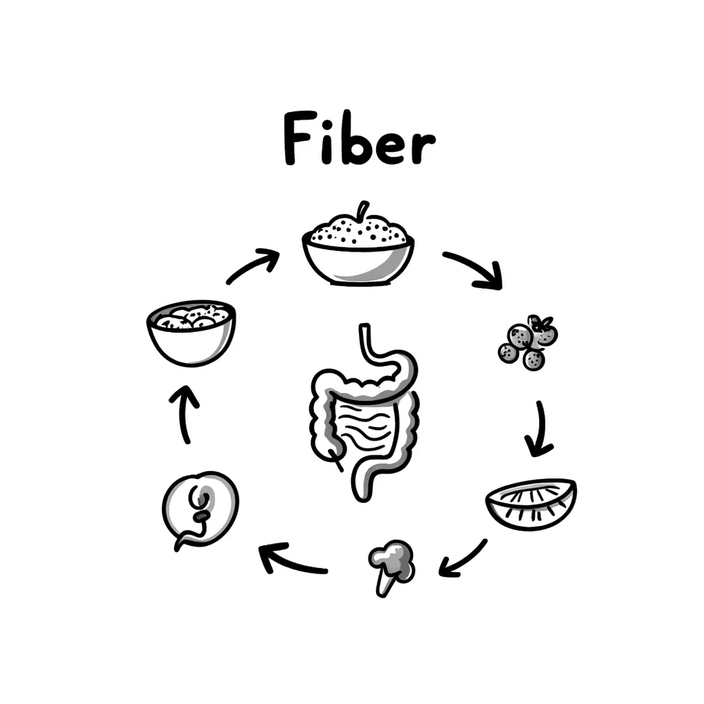 Hand-drawn doodle showing various fiber-rich foods like oats, beans, apples, berries, and broccoli with arrows pointing to a healthy intestine, with text showing 'Fiber' emoji