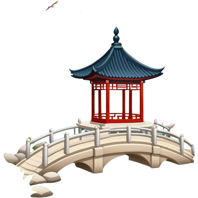 Suzhou garden with spring blossoms and pavilion by pond, simplified emoji style with bold outlines and bright colors, cartoon style traditional Chinese garden emoji