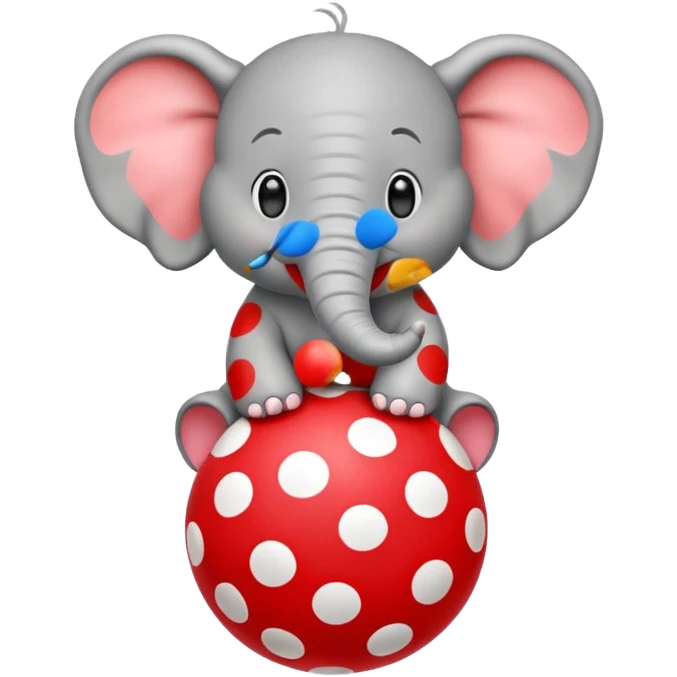 Create a cute emoji of a smiling cartoon elephant balancing a red patterned ball on its trunk emoji
