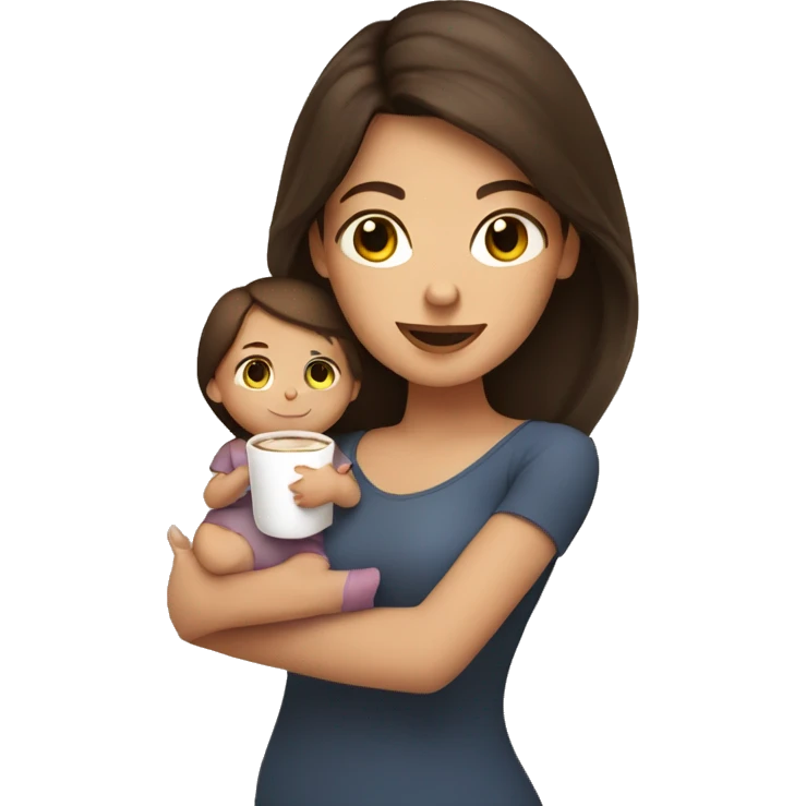 Brunette girl with baby in one hand and cup of coffee in other hand emoji