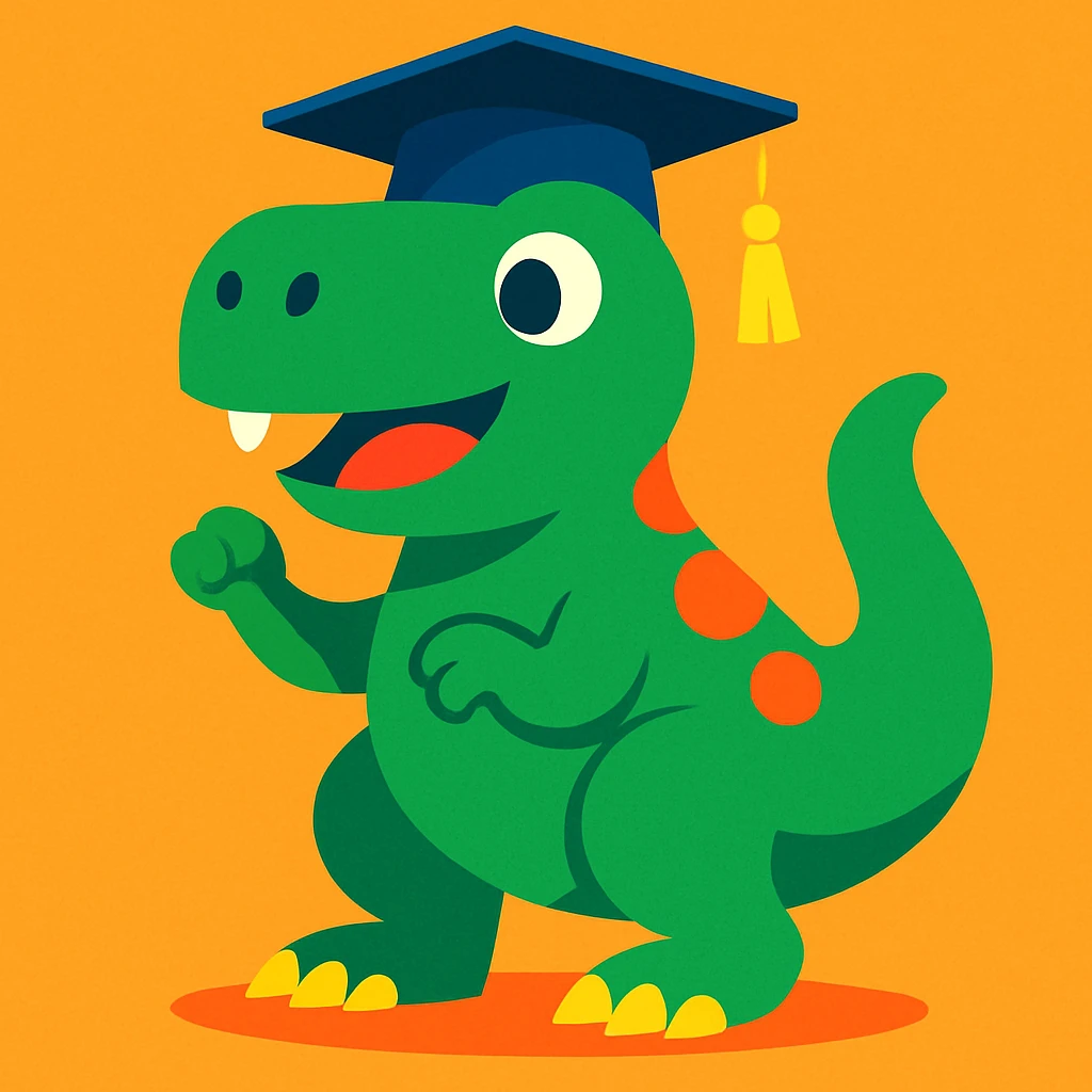 dinosaurio con gorro de grado, estilo cartoon vibrante emoji