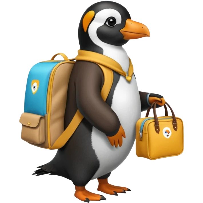 Una persona de apariencia peruana, vestida con ropa característica sin pelo montado a espaldas de un pingüino con una bolsa de la empresa de reparto glovo en la espalda emoji