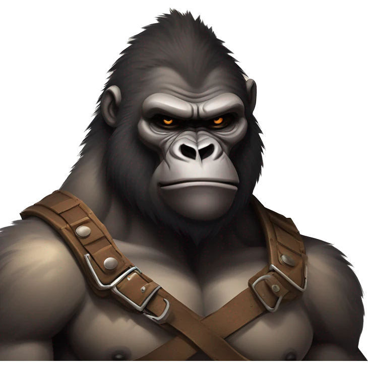 Gorilla-like warrior, tan muscular body, fresh chest wound. Leather and fur armor, stern expression, shadowy wild setting. Muted colors, intense and primal atmosphere. emoji