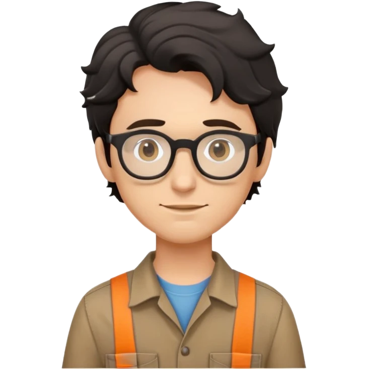 Young caucasian carpenter with black wavy hair, round glasses, brown work clothes with shirt underneath emoji