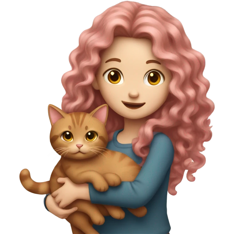 girl with long pink wavy hair, fair skin, holding a brown cat emoji