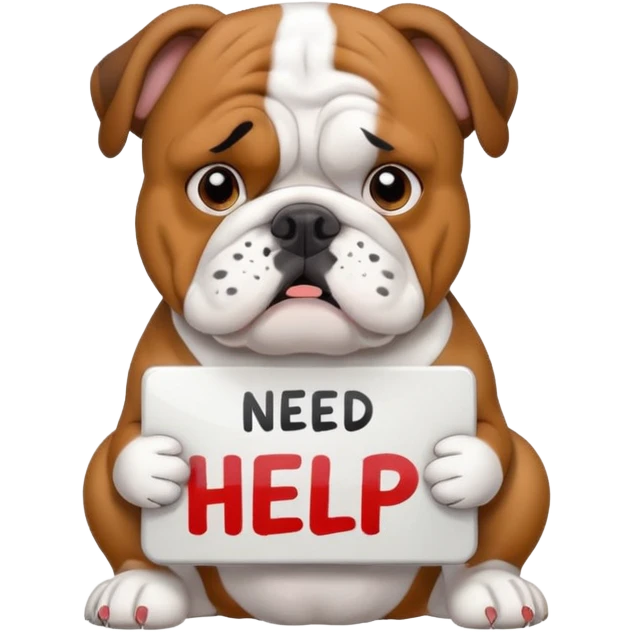 English bulldog holding a 'need help' sign, emoji style emoji