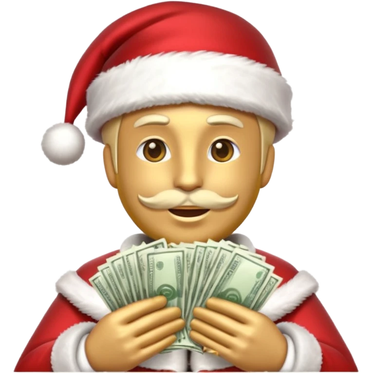 A confident rich emoji face wearing a Santa hat, money stacks, casino vibe, New Year theme, premium 3D emoji style, sharp details, no text, isolated on transparent background emoji