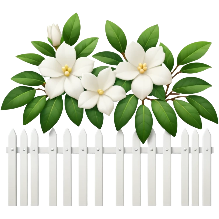 White fence with white gardenias growing in front of it emoji