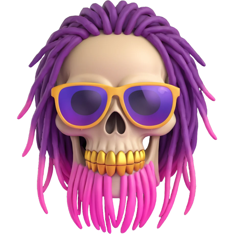 Add the provided sunglasses to the 3D cartoon skull with purple and pink ombre dreadlocks and gold teeth. Remove the tattoo on the forehead. Keep the original 3D cartoon skull style. No background. emoji