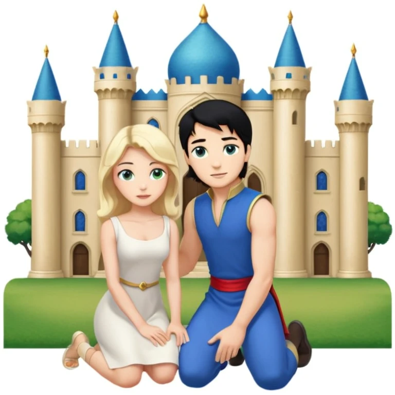 Man as prince, black Hair, blue eyes, woman, blonde, green eyes, shott white sleveless Dress, kneeling, background palace emoji