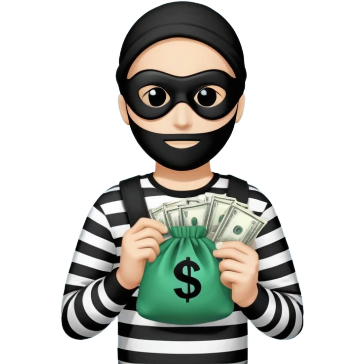 A minimalist digital illustration of a cartoon-style robber character. The robber is wearing a black mask over the eyes, a striped black-and-white shirt, and holding a small bag of money with a dollar sign on it. The background is plain and solid-colored, resembling the style of emojis. The overall design is clean, simple, and focused on bright, bold colors. emoji