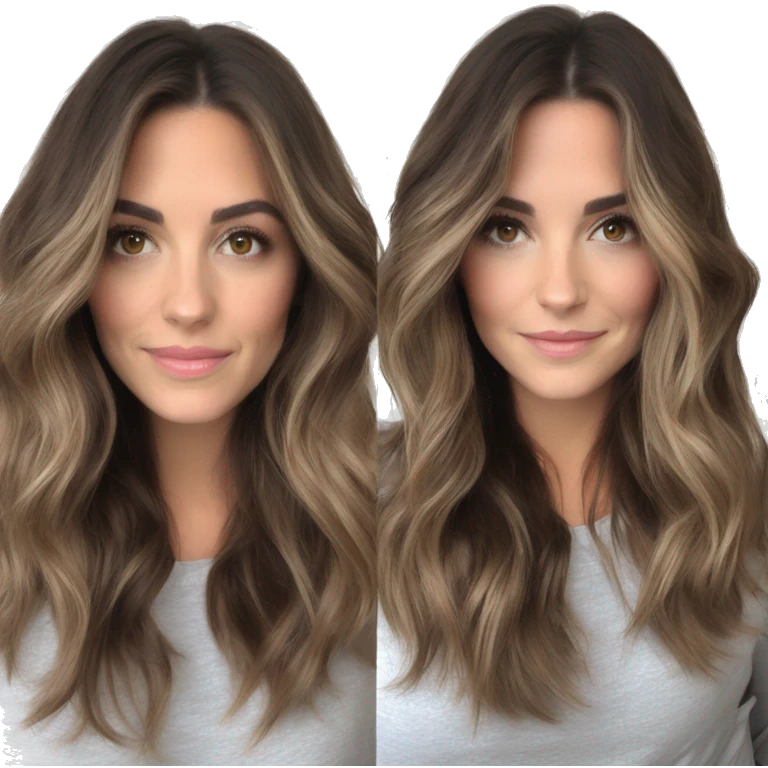 White girl brown eyes with medium length voluminous brown hair with brown highlights balayage spa emoji