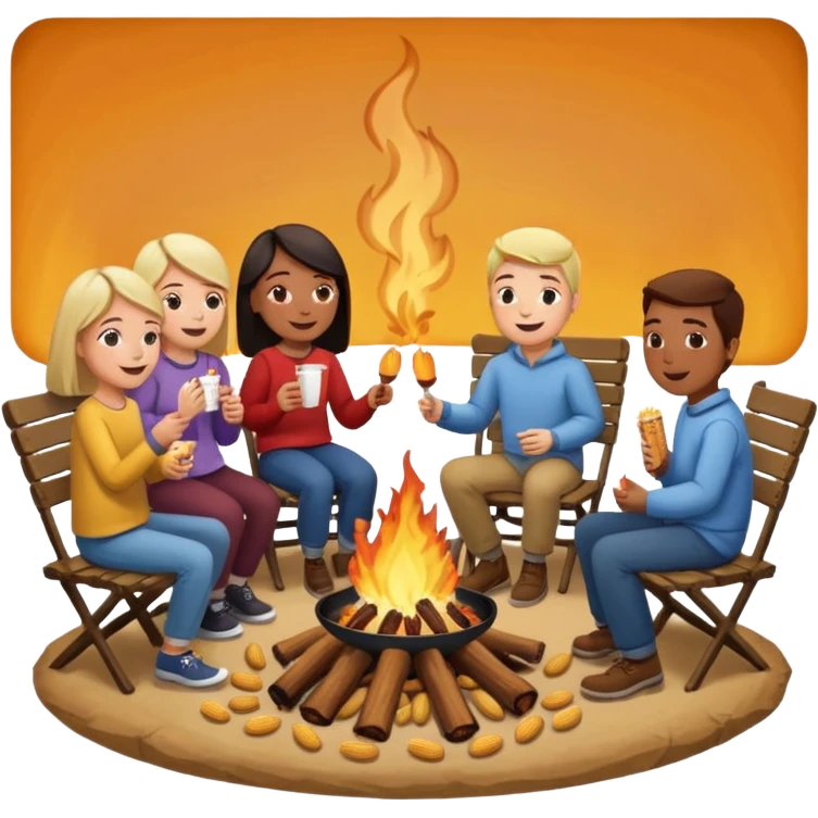 Born fire and people sitting beside born fire on chairs eating peanuts. Born fire is in the centre emoji