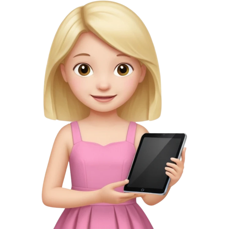 kid girl hold a tablet, pink dress emoji