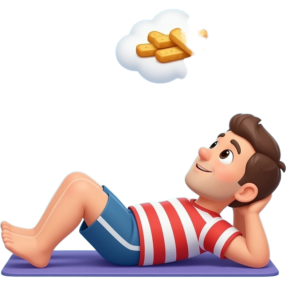 A funny cartoon sticker of a person doing situps while dreaming of a fried snack, white border, flat vector. emoji