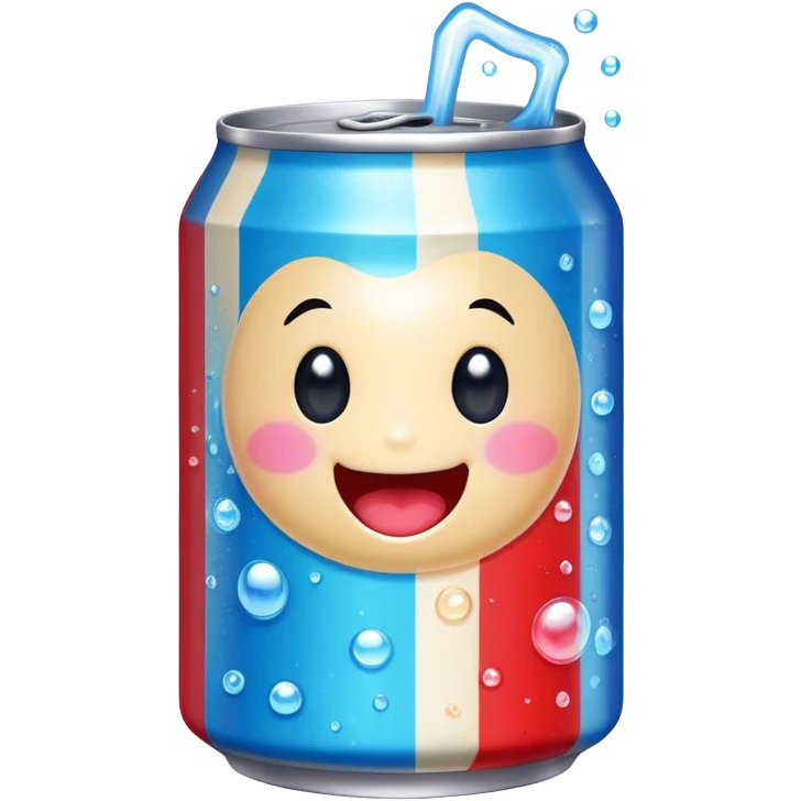 Cute Kawaii Soda Can, bubbly and vibrant, bright red and blue stripes, playful fizz popping around, a chubby happy face with wide sparkling eyes, energetic and refreshing! emoji