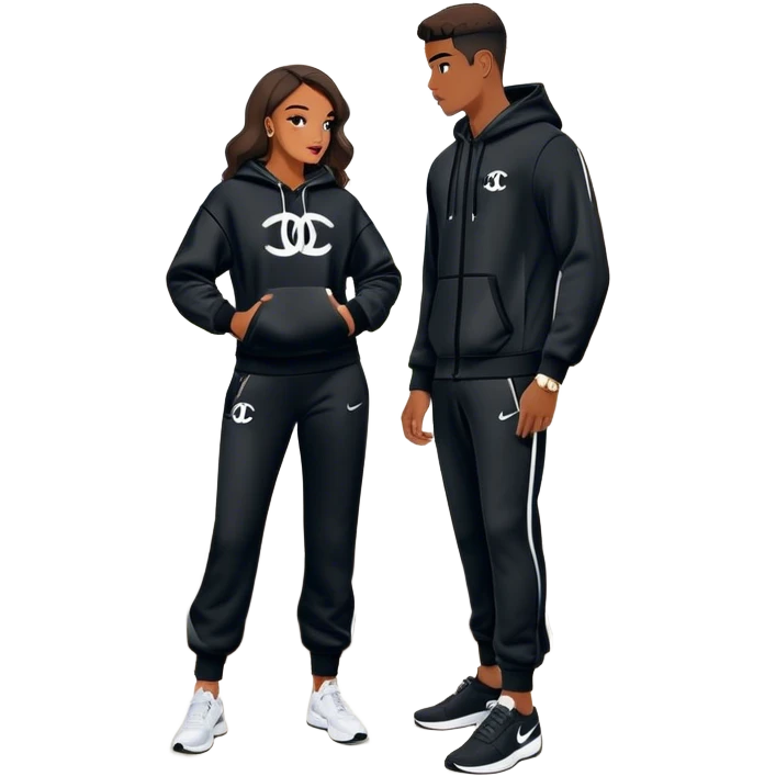 Man with living his dream standing in the master bedroom of a mansion. He’s boo’d up with a pretty Brownskin big booty woman wearing a Chanel outfit with her holding a Chanel bag. The man has on a Nike Tech Fleece sweatsuit. The man isn’t holding a bag emoji
