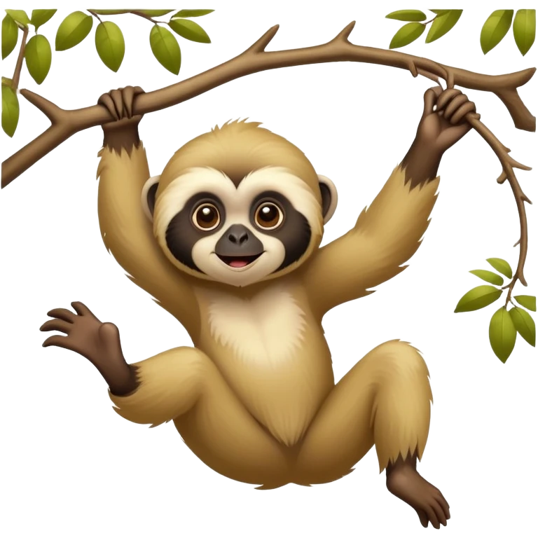 adorable lar gibbon, disney-style, swinging from a tree branch emoji