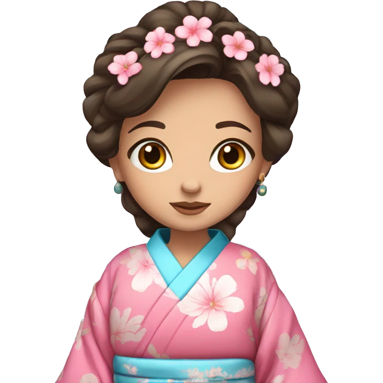 cute brunette girl with blue eyes in pink flower kimono emoji