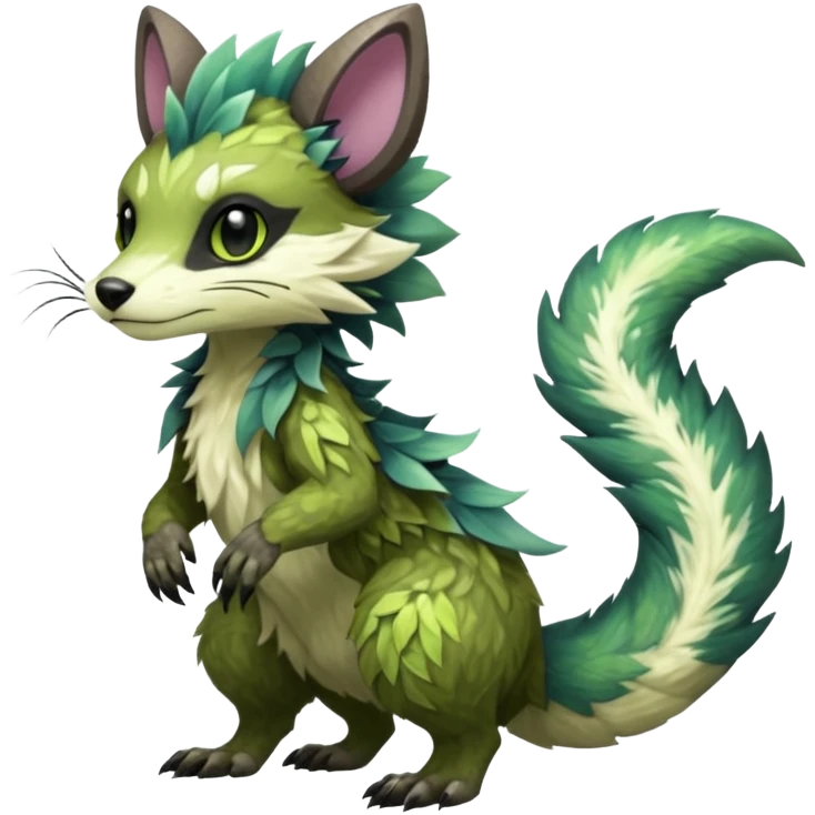 Realistic Sharp swampy realistic mossy grassy elemental ivy floral detailed Colorful translucent luminescent glowing Trico-Sergal-Furret-Ferret-Wolverine-Vernid-furry-fursona-fusion-Fakemon-animal-hybrid-creature, full body emoji