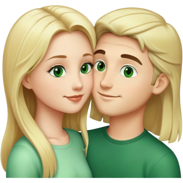 Smiling kissing couple of blonde girl with long hair green eyes and boy with black short hair and green eyes emoji