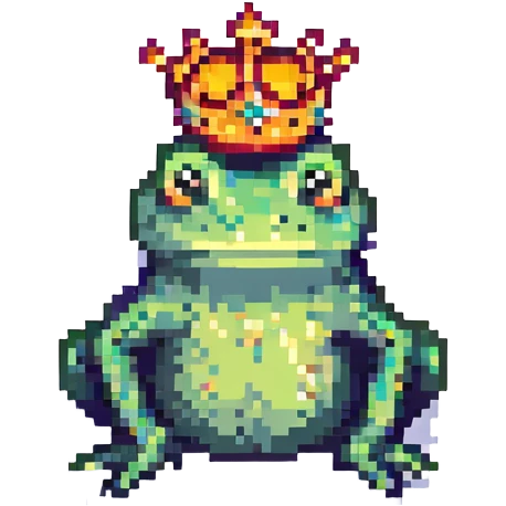 pixel art crowned frog, jumping with crown slightly tilted emoji