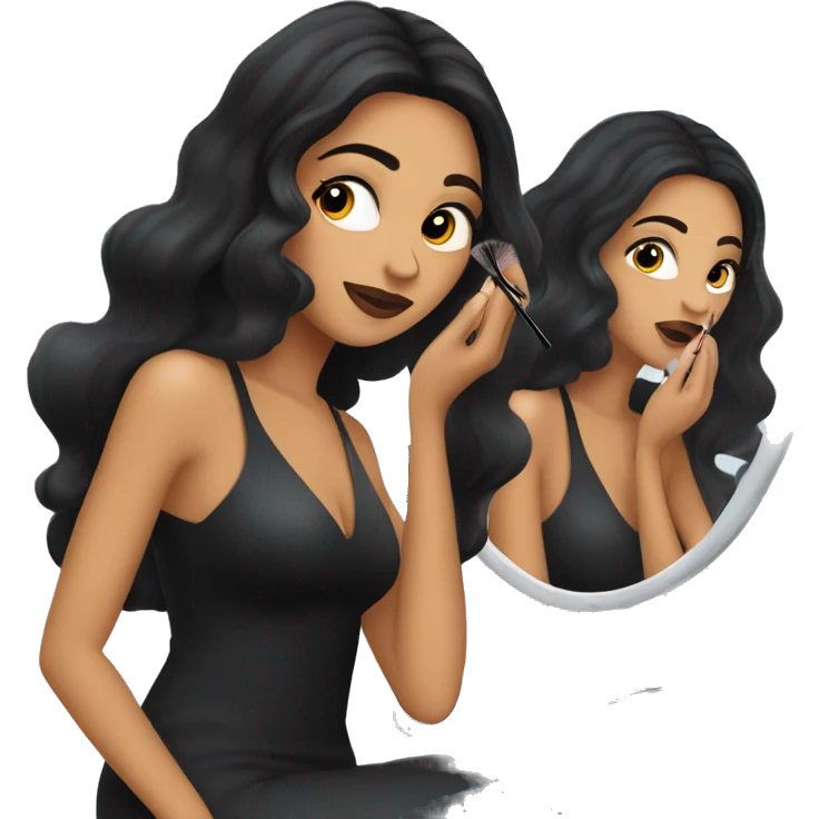 A long black haired woman wearing a skinny black shiny dress while applying makeup in front of a mirror. emoji