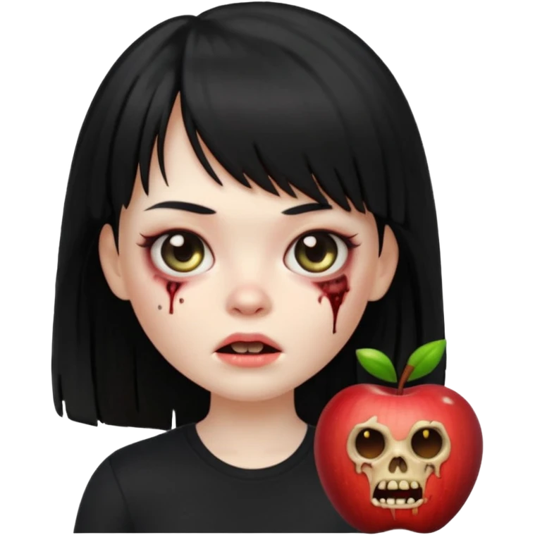 uma garota zumbi no formato Memoji da apple com o cabelo cumprido, preto liso e com franja, blusa preta emoji